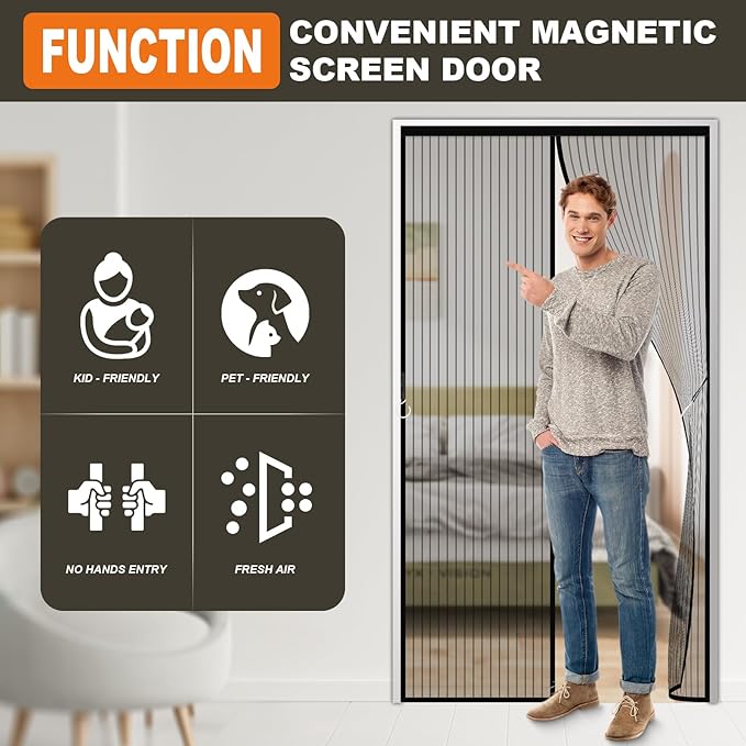 Magnetic Screen Door Mesh, Easy Install, Heavy Duty Fiberglass,Self Sealing Door Screen for Single Door Size 31 x 80 Inch, Screen Door Size 34 x 82 Inch - Black