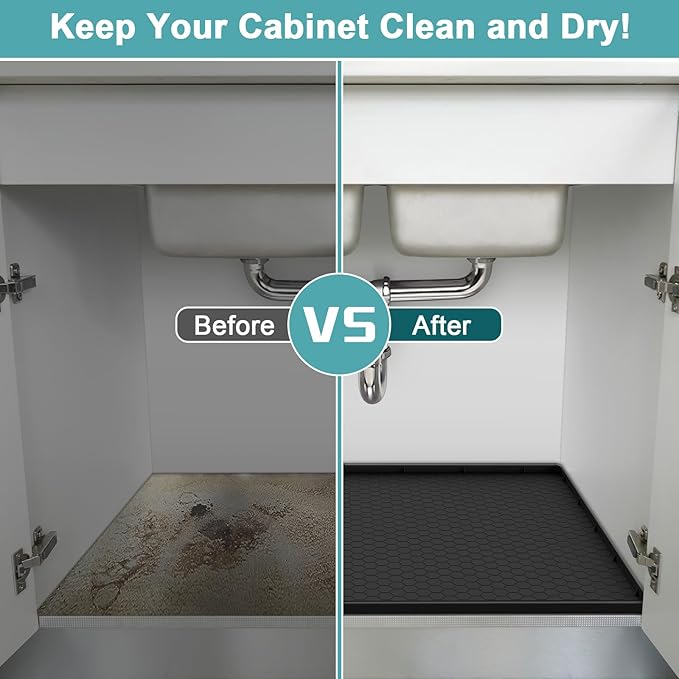 Silicone Under Sink Mat 25 x 19, Waterproof Under The Sink Mats for Kitchen, Under Kitchen Sink Mats and Protectors, Under Bathroom Sink Mat, Cabinet Liner Shelf Liner Black