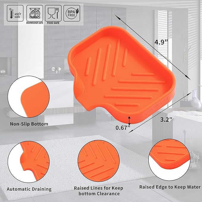 MicoYang Silicone Bathroom Soap Dishes with Drain Spout-Bathroom and Kitchen Sink Organizer,Sponge Holder,Dish Soap Tray,Perfect for Dispenser,Scrubber,Bottle,Cup on Sink or Counter-Orange 4.9"×3.2"