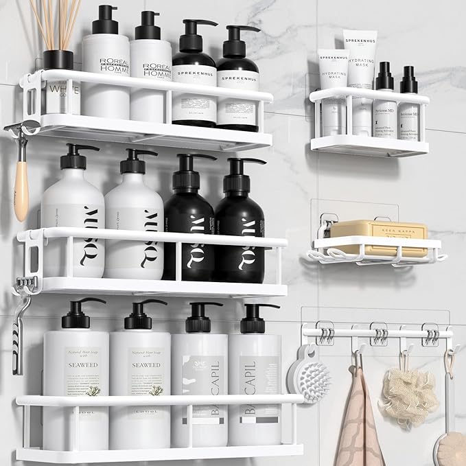 YASONIC Shower Caddy, 6 Pack Large Capacity shower organizer with Soap Holder and 12 Hooks, Rustproof Shelves for Inside Shower, No Drilling&Sleek Bathroom Organizers and Storage White