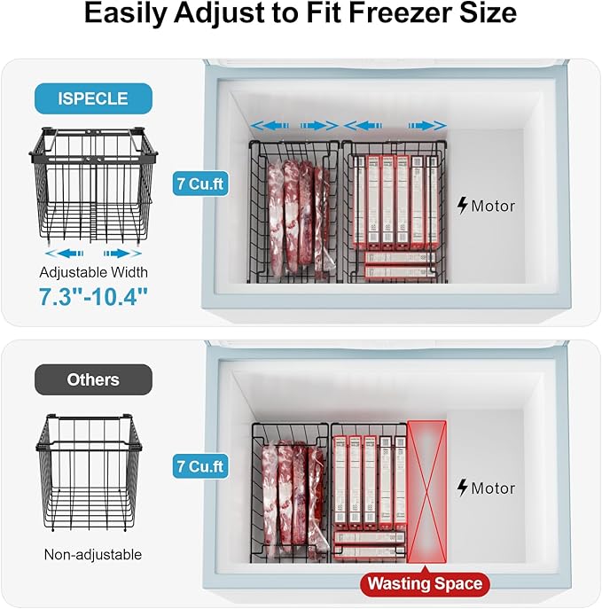 iSPECLE Freezer Organizer Bins - 4 Pack Adjustable Width for 5 to 7 Cu.Ft Chest Freezers, Stackable Freezer Wire Storage Baskets for Deep Freezer Organization, Assembly Required, Black