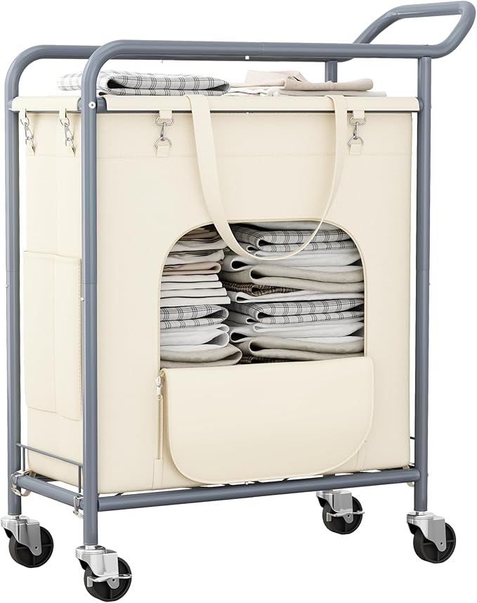Laundry Basket with Wheels,114L Large Rolling Laundry Hamper, Heavy-Duty Laundry Cart Sturdy Metal Frame with Handle, Minimizes Bending Easy Access Clothing for Bedroom, Bathroom, Laundry Room (Beige)