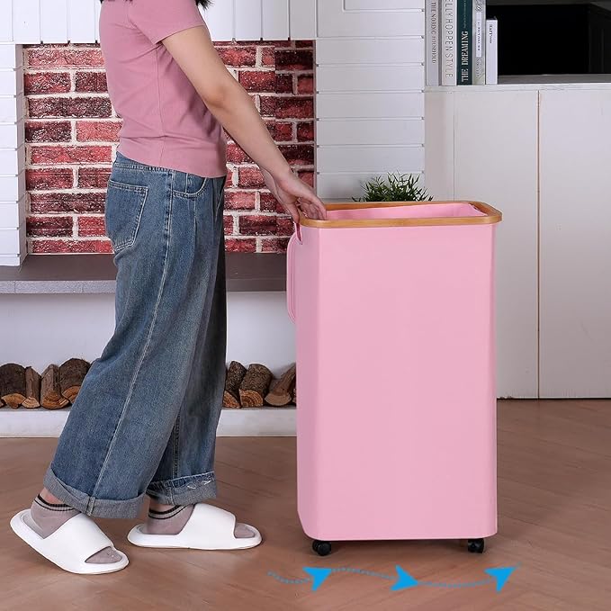 Laundry Basket with Wheels, 110L Clothes Hamper for Laundry, Laundry Hamper with Bamboo Lid and Inner Bag, for Laundry Room, Bedroom, Dormitory Storage,Pink
