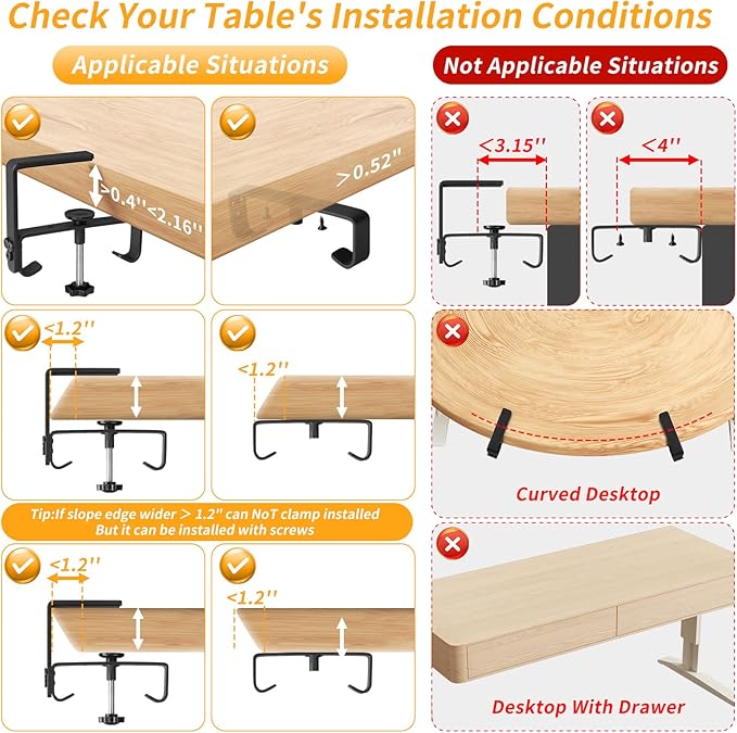 No Drill Under Desk Cable Management Tray, 48" Cord Organizer with Clamp, Fabric Cable Management for Standing Desks, Ideal for Home & Office - Black