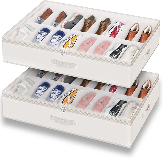 Under Bed Shoe Storage Organizer for Closet, Fits 32 Pairs Underbed Shoes Box Storage Containers Under the Bed Storage Foldable with Sturdy Handles&Clear Window for College Dorms Beige, Set of 2