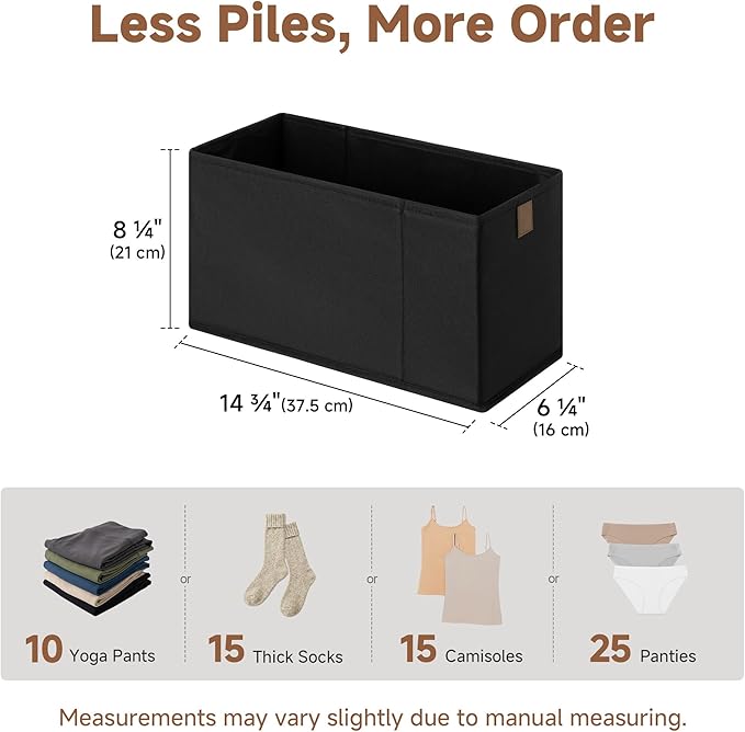 StorageWorks Long Narrow Storage Basket, Collapsible Fabric Storage Bins, Small Baskets for Organizing with PU Handle, Great for Clothes, Towels, and Socks, Black, 2-Pack