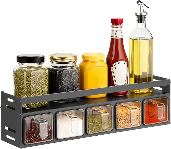 Kitchen Spice Rack, Kitchen Organizer and Storage Rack with 5 Spoons, Spice Organization for Cabinets Punch-free Wall/Countertop Home Decor Multifunctional Double Layer 5 Grid Condiment Rack, Gray