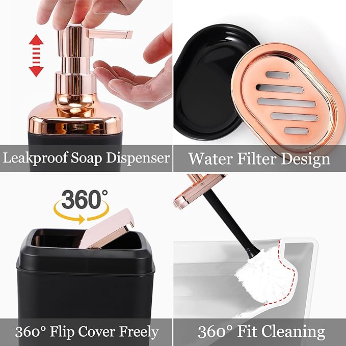 Black Bathroom Accessories, 9-Piece Black Bathroom Set with Trash Can, Vanity Tray, Soap Dispenser, Soap Dish, Toothbrush Holder, Toothbrush Cup, Toilet Brush and Qtip Holders