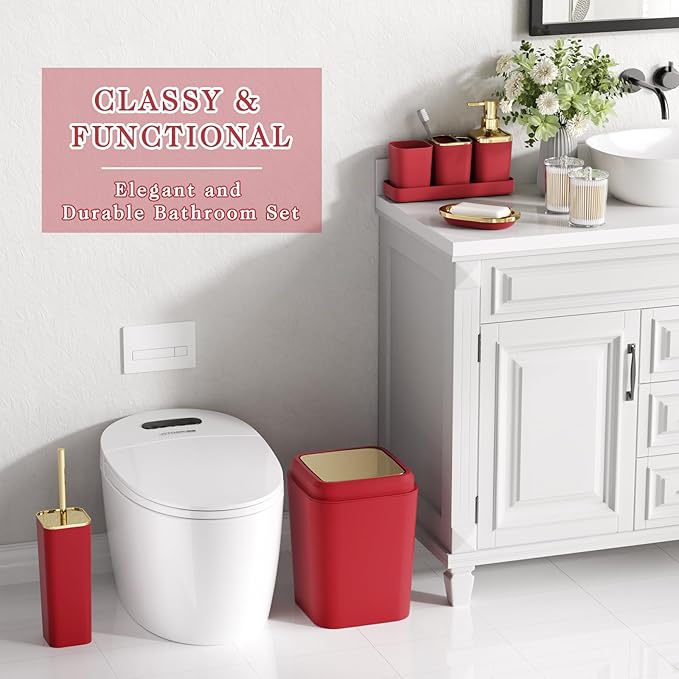 Dark Red Bathroom Accessory Set, 9-Piece Burgundy Bathroom Set with Trash Can, Toothbrush Holder, Toothbrush Cup,Soap Dispenser,Soap Dish,Toilet Brush Holder,2 Qtip Holder Dispensers and Tray