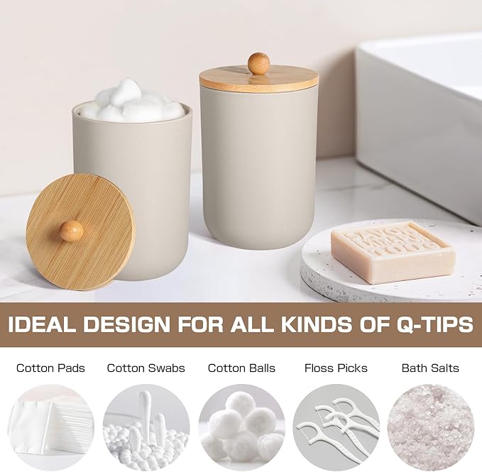 Bathroom Accessories Set 5 Pcs, Plastic Beige Bathroom Decor, Soap Dispenser and Toothbrush Holder Set, Soap Dish, Cotton Swab Jar, Bathroom Set, Boho Bathroom Organizer Accessory