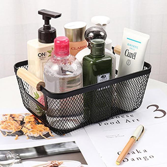 2 Pack Metal Mesh Steel Basket, Small Wire Storage Organizer Basket Multi-function Hanging Kitchen Basket Fruit Baskets with Wood Handle for Kitchen Picnic Cabinet Home Decor, Rectangle-Black