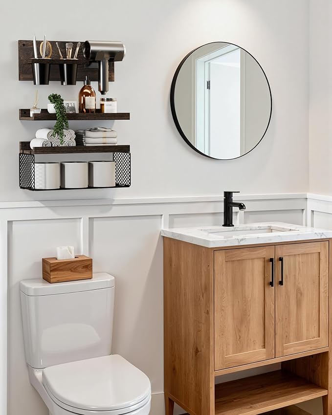 Puricon Floating Bathroom Shelves with Hair Dryer Holder, 3-Tier Rustic Wood Wall Mounted Organizers Set, Space Saving Over-Toilet Storage and Home Decor Hanging Rack -Dark Brown