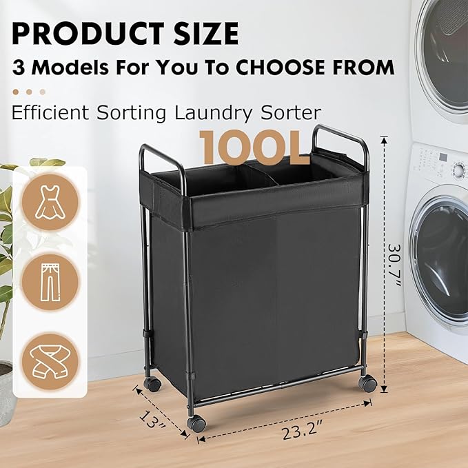 100L Laundry Hamper with Wheels, Rolling Laundry Sorter Cart with Metal Frame and Removable Liner, Dirty Clothes Hampers for Bedroom, Laundry Room, Bathroom