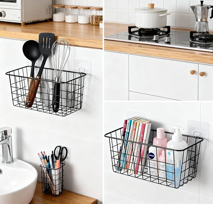 2 Pack Metal Hanging Bedside Basket for Bunk Beds & Collage Dorms - Cabinet Wire Organizer for Storage, Multi-Use Large Organizing Caddy for Bedroom, Office (Black/Large)