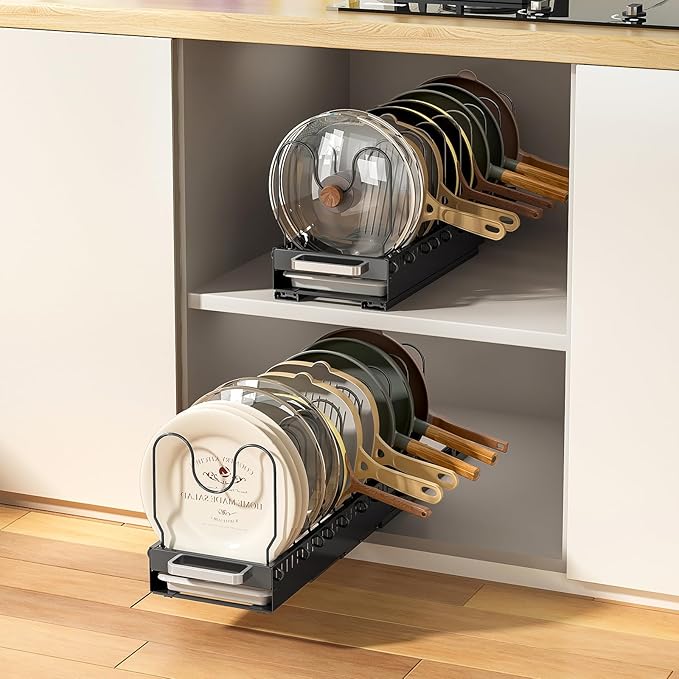 Pots and Pans Organizer Under Cabinet with Drain Board, Pull-out Expandable Pot Lid Organizer inside Cabinet Holder with 10 Adjustable Compartment, Rack for Cutting Board, Black (Pack of 2)