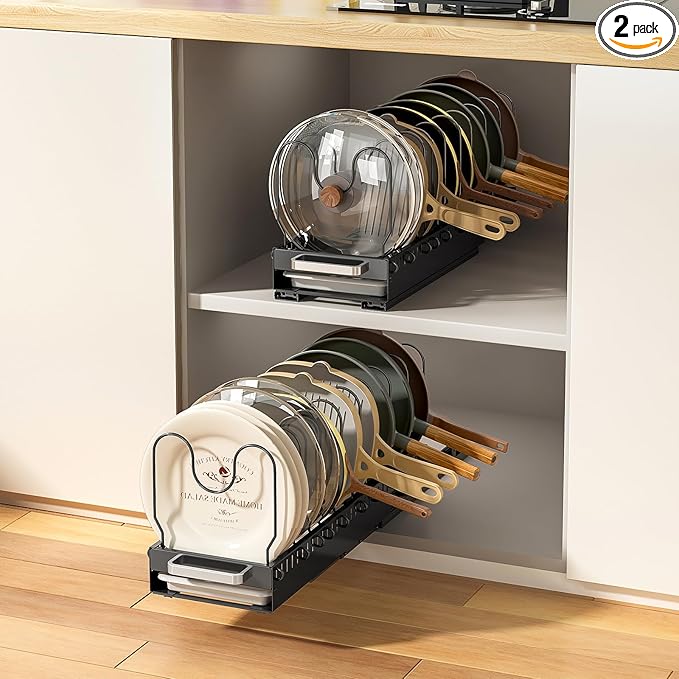 Pots and Pans Organizer Under Cabinet with Drain Board, Pull-out Expandable Pot Lid Organizer inside Cabinet Holder with 10 Adjustable Compartment, Rack for Cutting Board, Black (Pack of 2)
