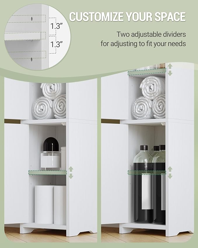 Bathroom Storage Cabinet, Small Corner Floor Cabinet with 2 Doors and Adjustable Shelf, Narrow Toilet Paper Cabinets, Bathroom Organizer for Small Spaces, 7.9" D x 7.9" W x 29.5" H White