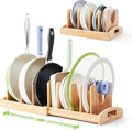 Pots and Pans Organizer under Cabinet, Pot Lid Organizer Bamboo Expandable with 10 Adjustable Dividers, Pan Holder Kitchen Storage Rack for Cutting Board, Baking Tray and Cookie Sheet