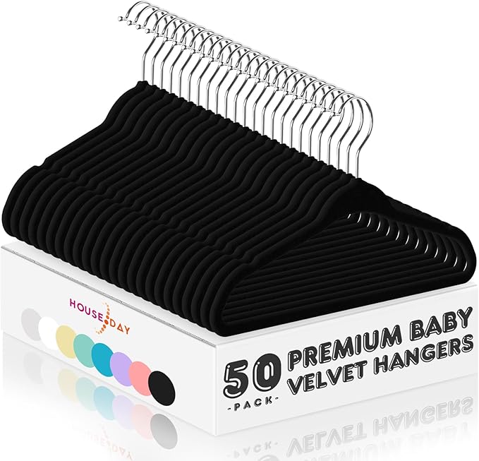 HOUSE DAY 11 Inch Velvet Baby Hangers 50 Pack Black, Premium Kids Hangers for Children/Infant/Toddler Clothes, Durable Non Slip Small Baby Felt Hanger for Closet, Ideal for Everyday Use