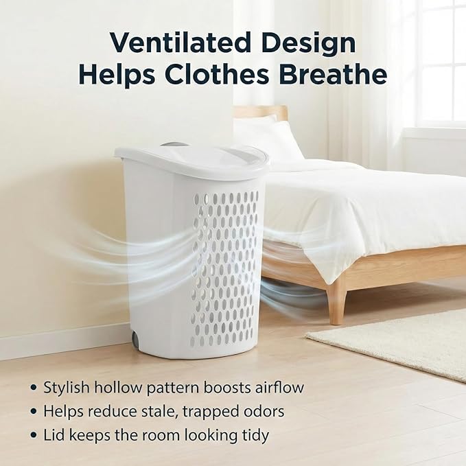 Wheeled Plastic Laundry Hamper,135 L Sized Plastic Laundry Basket Large Rolling Laundry Hamper with Lid Pull Handle & Side Grips Ventilated Clothes Basket for Home, Dorm, or Apartment