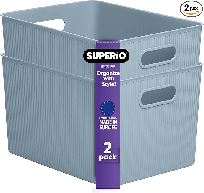Superio Ribbed Collection - Decorative Plastic Basket Open Home Storage Bins Organizer, X-Large Blue (2 Pack) Container Boxes for Organizing Closet Storage Bins for Shelves 22 Liter/23 Quart