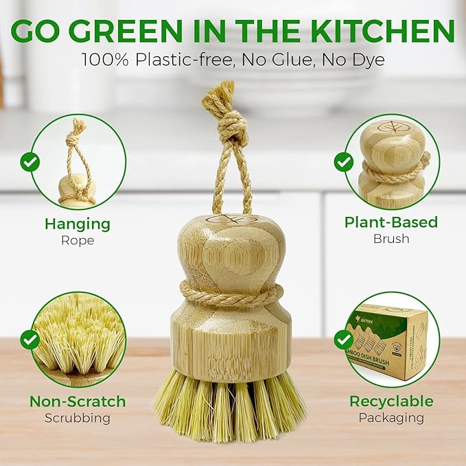 Bamboo Dish Brush Set of 3 - Natural Wooden Dish Scrubber w/Medium Stiff Sisal & Coconut Bristles - Kitchen Scrub Brush for Dishes, Pots & Pans - Plastic Free, Non Scratch Bristles