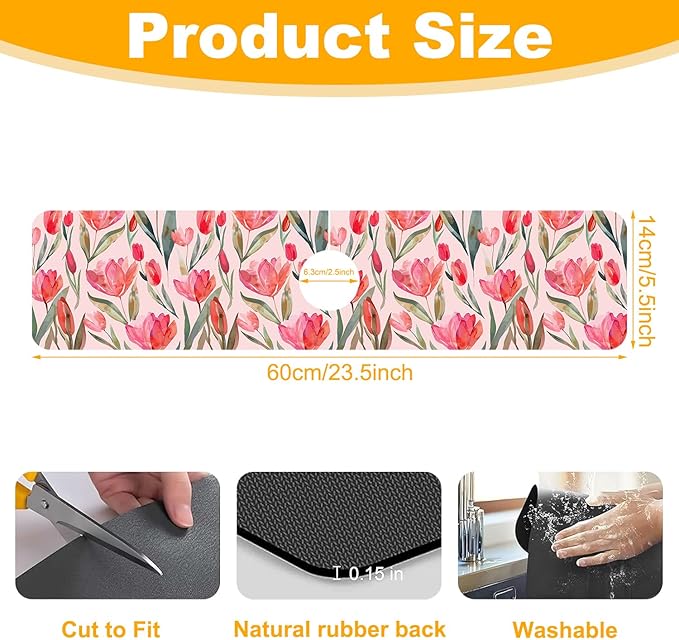 2 Pack Watercolor Tulips Sink Faucet Absorbing Mat Pink Tulips Super Absorbent Fast Drying Mat Sink Gadgets Behind Faucet Sinkmat for Kitchen Bathroom, 23.5"x5.5"