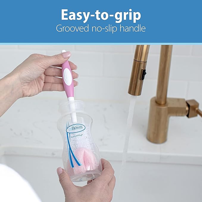 Dr. Brown's Reusable Sponge Baby Bottle Cleaning Brush with Suction Cup Stand, Scrubber and Nipple Cleaner, BPA-Free, Pink, 2-Pack
