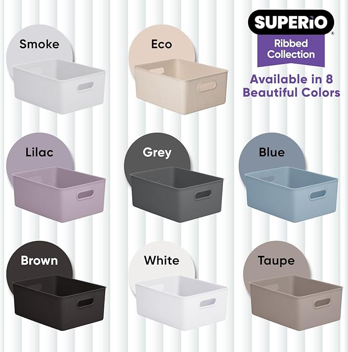 Superio Ribbed Collection - Decorative Plastic Basket Open Home Storage Bins Organizer, Large Blue (4 Pack) Container Boxes for Organizing Closet Storage Bins for Shelves 15 Liter/16 Quart