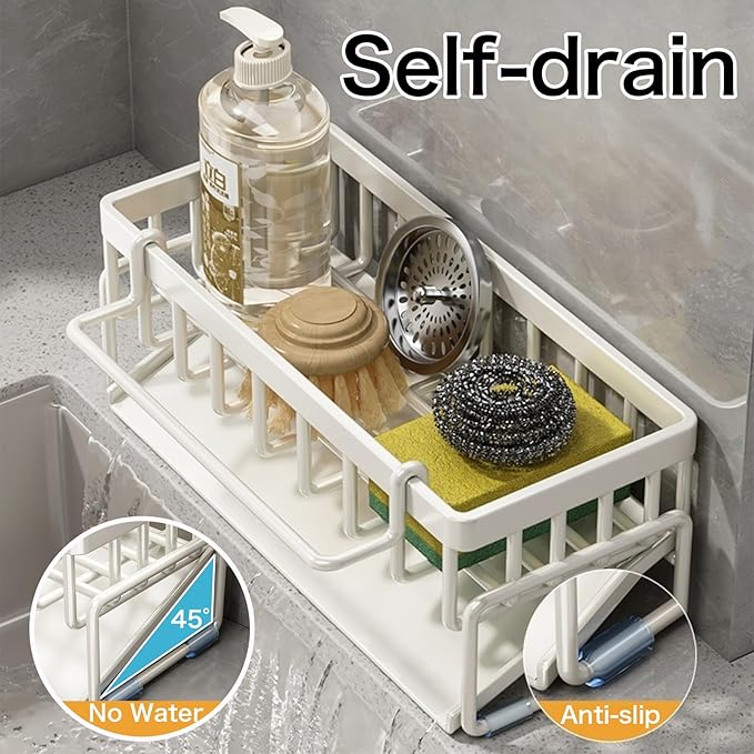 BREIS Sponge Holder for Kitchen Sink, Caddy Organizer with Rag Holder, Countertop Self-Draining Sponge Caddy, Rustproof Sink Storage Rack for Soap Dispenser Storage Accessories (White)