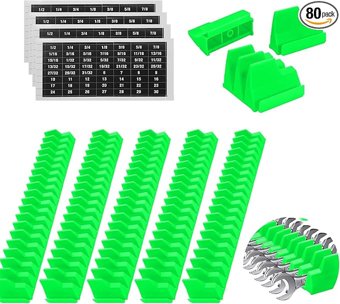 80 Pcs Modular Wrench Organizer Holder Set with Metric & SAE Labels, Wrench Rack for Toolbox Drawer Storage, Includes 9-Grid Clear Parts Box (Green)