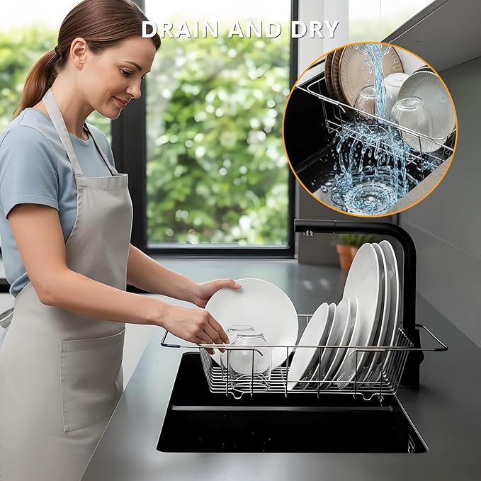 Expandable Dish Drying Rack in Sink or Over The Sink - 18/8 Stainless Steel Dish Rack/Drainer/Strainer/Dishrack for Kitchen Counter or RV - Adjustable, Deep and Large, Rustproof, Black