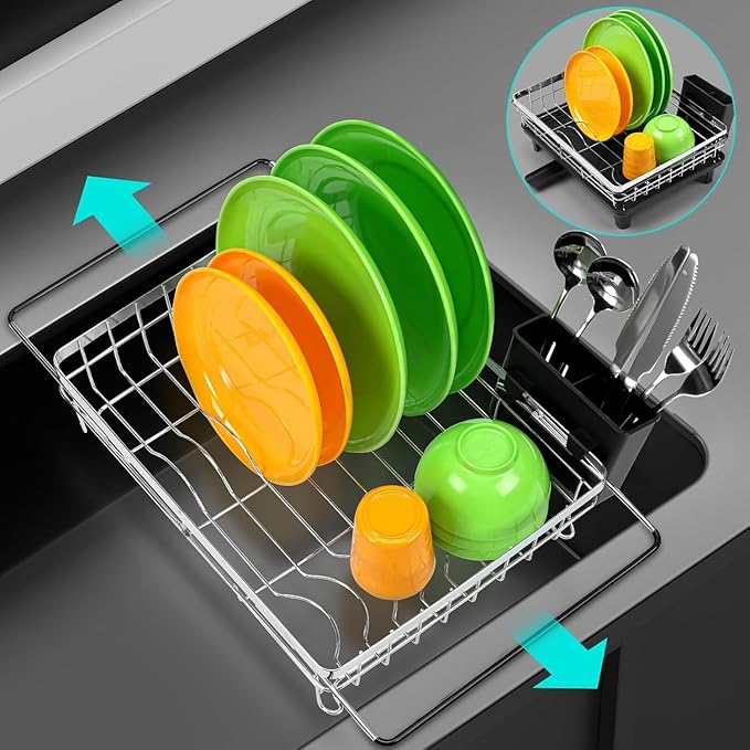 MERRYBOX Stainless Steel Dish Drying Rack, Expandable Dish Drainers for Kitchen Sink, Non-Slip & Durable - Sink Dish Rack with Large Cutlery Holder (Adjustable 15.4" to 23" cm)