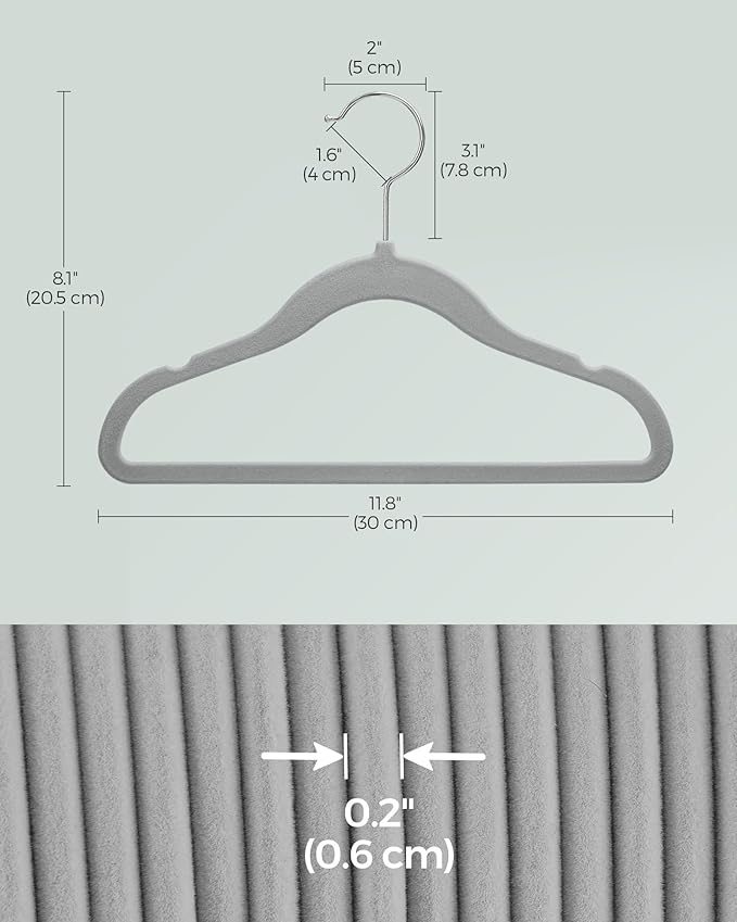 SONGMICS Baby Kids Hangers 30 Pack for Closet, 11.8 x 8.1 Inches, Silver 360° Swivel Hooks, Space-Saving Clothes Velvet Hangers for Nursery, Non-Slip, Dove Gray UCRF027G30