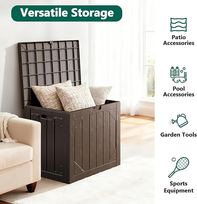 Outdoor Storage Box,30 Gallon Deck Box Outdoor Storage Bench Outside Waterproof Resin Storage Bench, Lockable Patio Cushions, Garden Tools Storage For Furniture, UV Resistant
