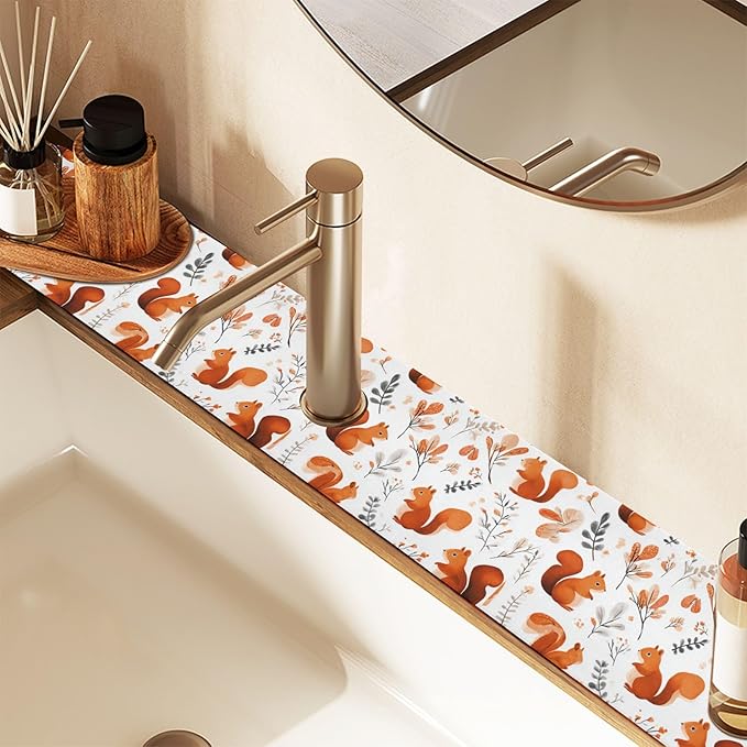 Squirrels and Fall Leaves Kitchen Sink Splash Guard Sink Faucet Mat Faucet Handle Drip Catcher Drain Mats for Kitchen Bathroom Countertop Absorbent Dish Drying Pad 2Pack 14.7x5.4IN