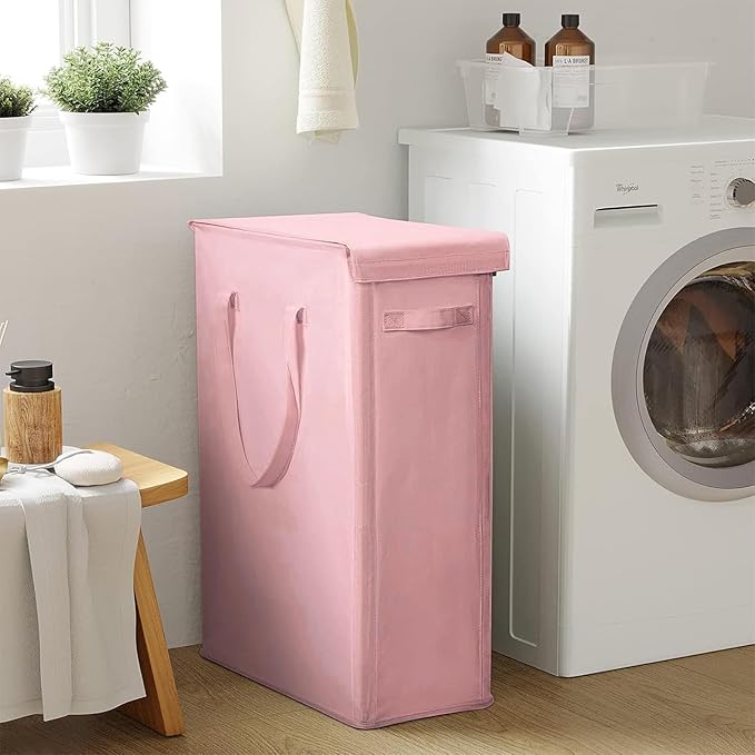 Chrislley 60L Slim Laundry Hamper with Lid Narrow Laundry Basket with Handle Upgrade Foldable Dirty Clothes Hamper Portable Skinny Hamper Organizer Storage Bins (25.6 inches, pink)