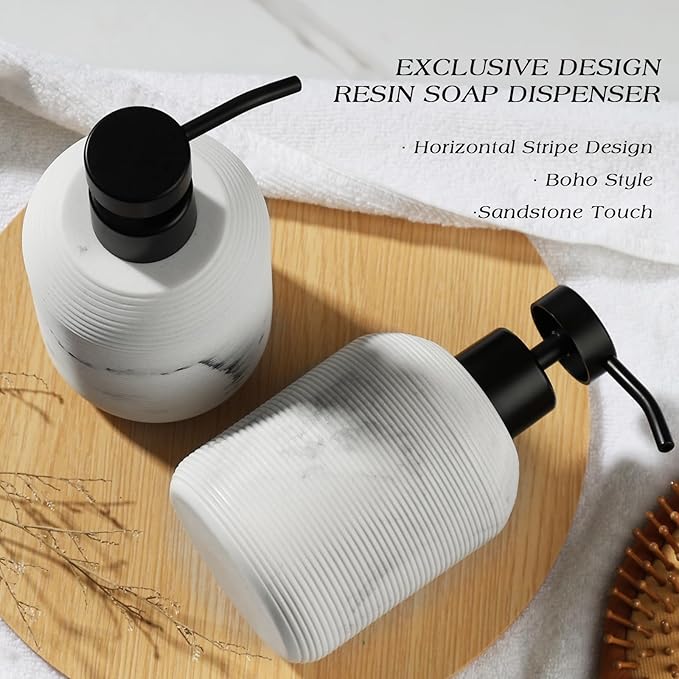 Marble Hand Soap Dispenser for Bathroom, 12 Fl Oz Soap and Lotion Dispenser Set, 2 Pack White Resin Dish Soap Dispensers for Kitchen, Refillable Liquid Bottle Container with Plastic Pump