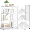 4-Tier Folding Metal Storage Shelf with Wheels, No Assembly Organizer Rack, Heavy Duty Collapsible Shelving Unit for Garage, Kitchen, Basement, Pantry, Living Room(New Upgrade - White, 4 Tier)
