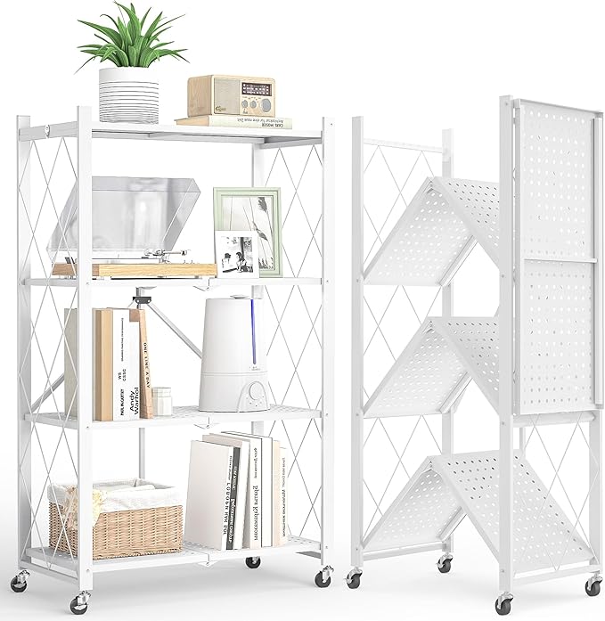 4-Tier Folding Metal Storage Shelf with Wheels, No Assembly Organizer Rack, Heavy Duty Collapsible Shelving Unit for Garage, Kitchen, Basement, Pantry, Living Room(New Upgrade - White, 4 Tier)