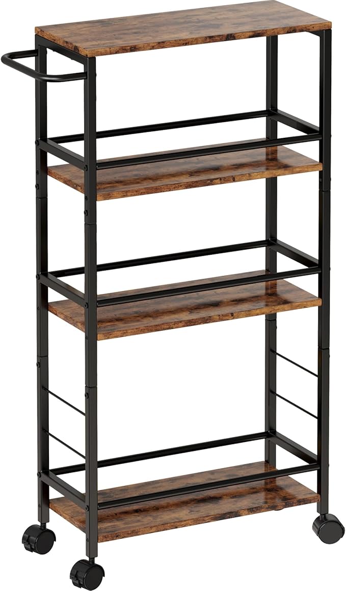 Narrow Storage Cart with Wheels, 4-Tier Narrow Kitchen Carts Slim Rolling Cart, Skinny Storage Cart, Snack Cart Slim Laundry Carts with Handle for Livingroom, Diningroom, Office（Rustic Brown, Black）