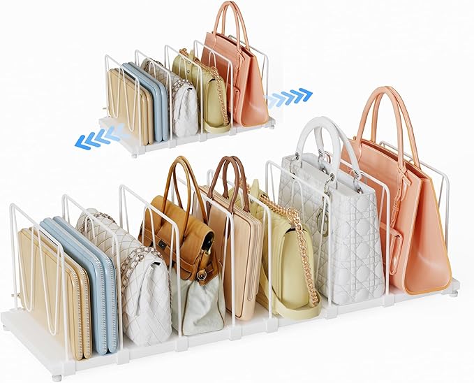 Extendable Purse Organizers Purse Storage. Length 16-28 in. Bag Organizer Purse Holder for Closet with 8 Adjustable Shelf Dividers Patent Pending