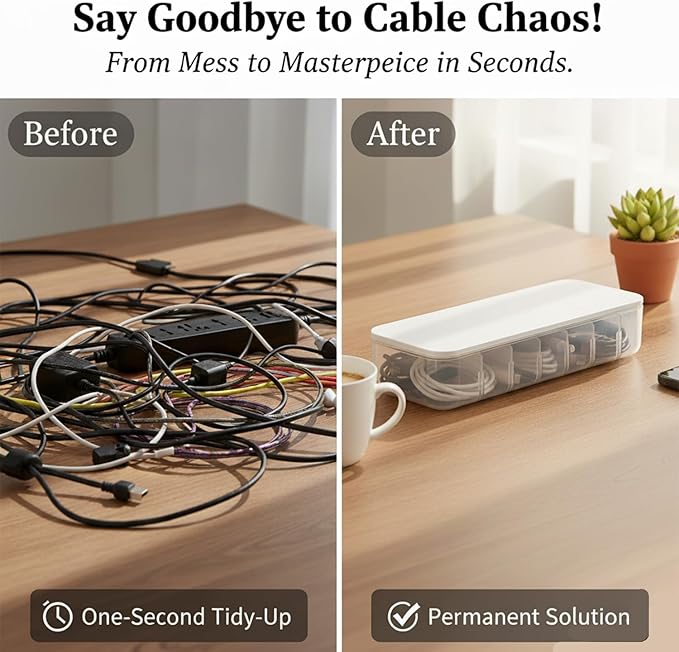 Cord Organizer Box with Lid, 7 Compartment Cable Management with 7 Wire Ties, Dustproof Cable Storage Box for Office & Home, Wire Hider for Computer Desk, Charger Cables, Power Cords (2pack)