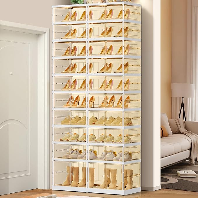 EHAMILY 10 Tiers 20-40 Pairs Foldable Shoe Boxes Large Plastic Shoe Storage Rack Collapsible Shoe Organizer For Closet Tall Shoe Shelf Clear Stackable Shoes Cabinet with Doors Entryway