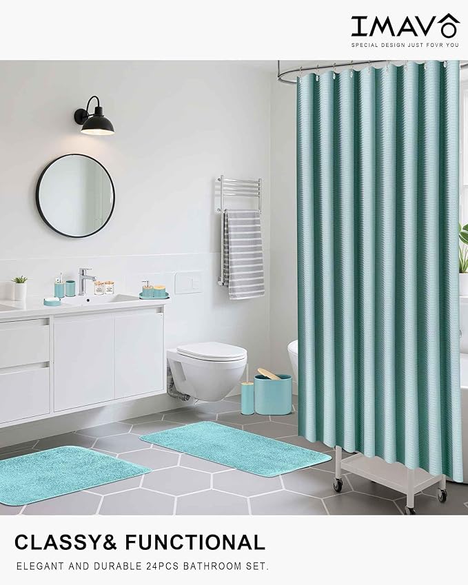 IMAVO Blue Bathroom Set,26Pcs Bathroom Accessories Set with Waffle Shower Curtain,Rugs,Trash Can,Tray,Soap Dispenser,Soap Dish,Toothbrush Holder,Toothbrush Cup,Toilet Brush Holder and Qtip Holders