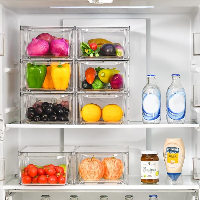 Clemate 8Pack Clear Stackable Kitchen Storage Organizer,Pantry Organizers and Storage,Foods Organizer Bins with Handles, Easily Assemble for Bathroom, Kitchen, Refrigerator, Pantry, Cabinet, Closet