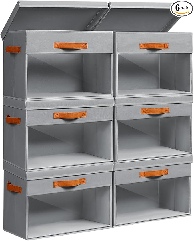 Large Storage Bins with Lids - 6 Pack Foldable Decorative Organizers with Clear Windows & Handles, Cube Storage Organizers for Clothes, Blankets, Sweaters, Sheets, Grey