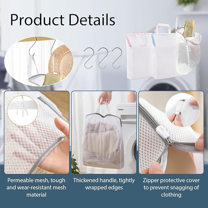 3 Pcs Laundry Bags Mesh Wash Bags with S Hooks,Bra Washing Bags for Laundry, Laundry Bags for Delicates,Sock Bag for Washing Machine,12 x 7.9 Inch (3 Color)