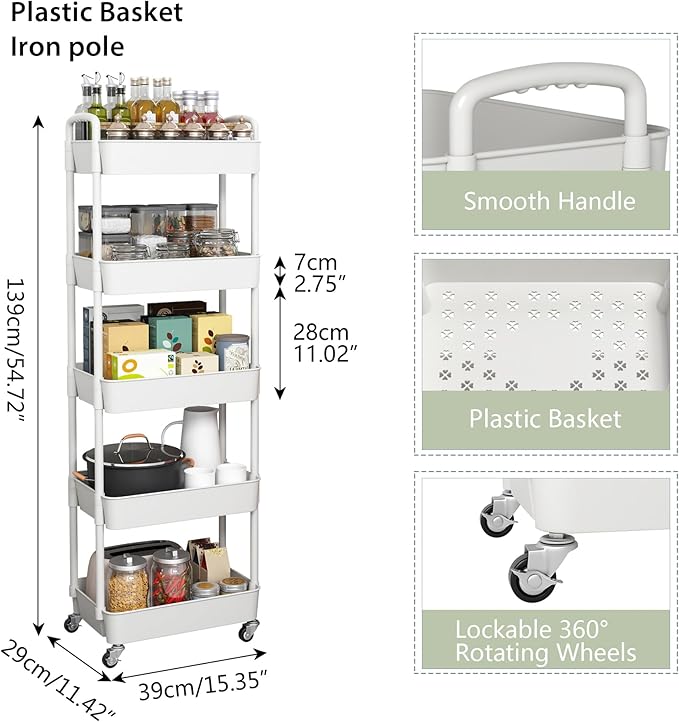Sywhitta 5-Tier Plastic Rolling Utility Cart with Handle, Multi-Functional Storage Trolley for Office, Living Room, Kitchen, Movable Storage Organizer with Wheels, White