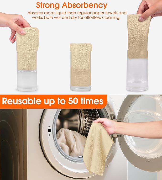 CHAUNCEY HOME Microfiber Cleaning Cloth Roll - 100 Pack Tear Away Microfiber Paper Towels, Reusable, Washable, Scratch-Free, Kitchen Towels for Car, Home, Kitchen, Glass, Dishes (Wheat Beige)